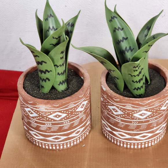 Faux Plants in Terracotta Tribal Print Faux Cement Pots Set of 3 4"Wx9"H - Picture 9 of 15